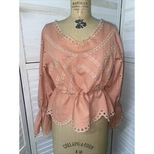 Peach Chunky Eyelet Flare Sleeves Women’s Summer Casual Blouse Shirt Top Med